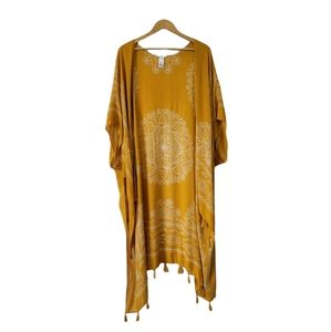Maurices Duster Yellow Cream Handkerchief Print Tassles Open Fall Sz XL